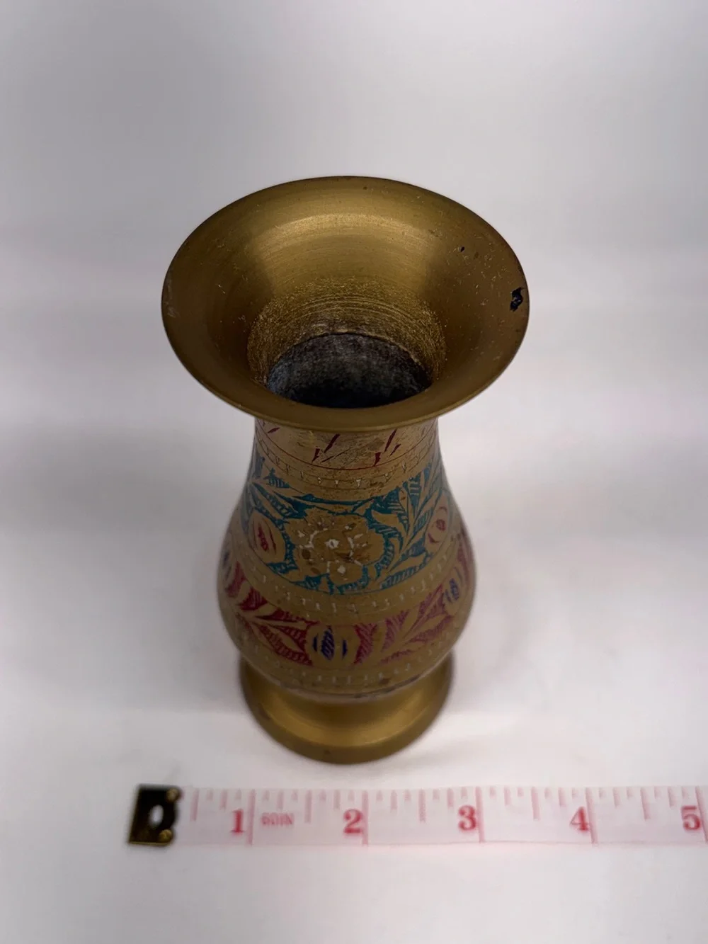 Vintage Etched Brass Floral Vase Hand Painted 6